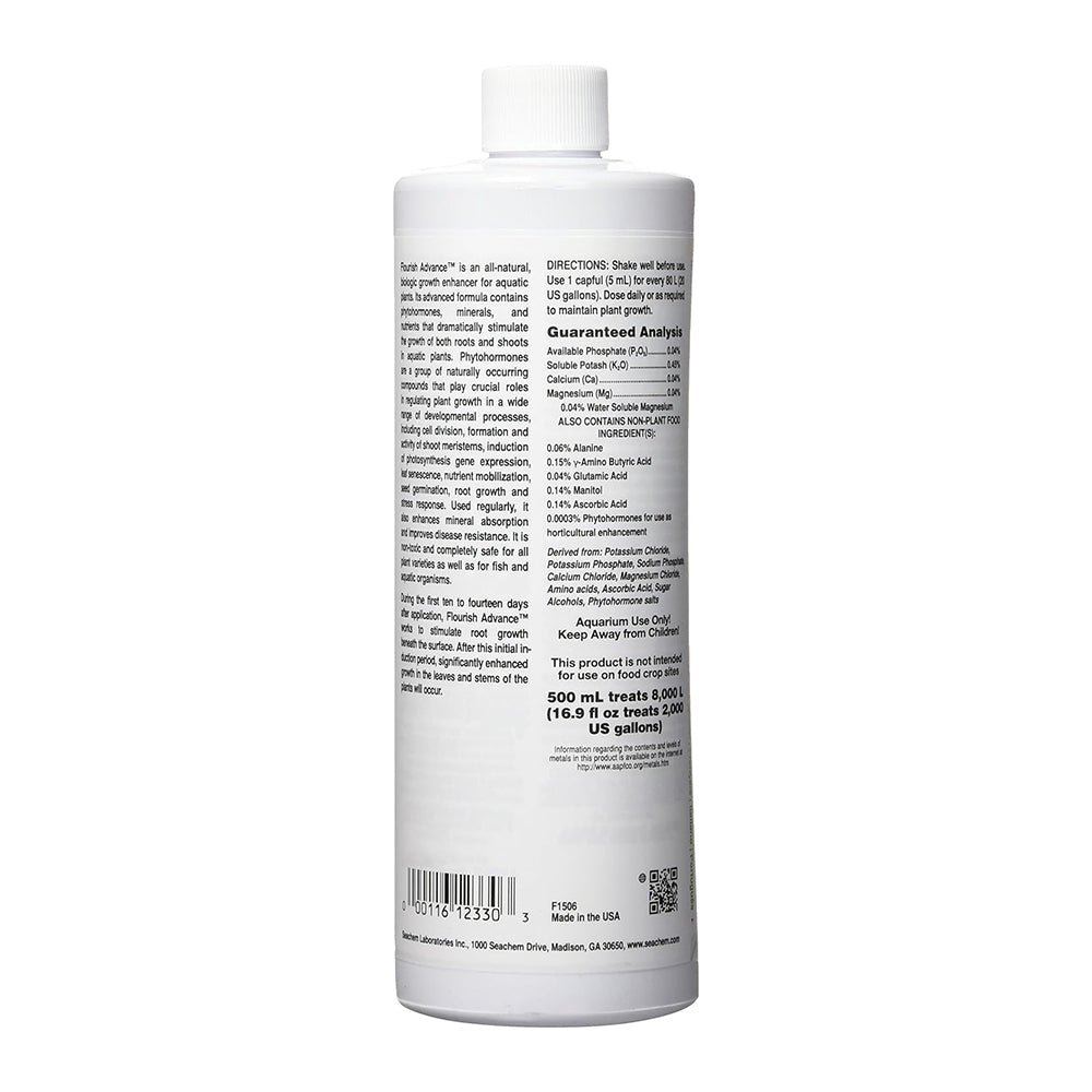 Back of Seachem Laboratories Flourish Advance Plant Supplement 17-oz