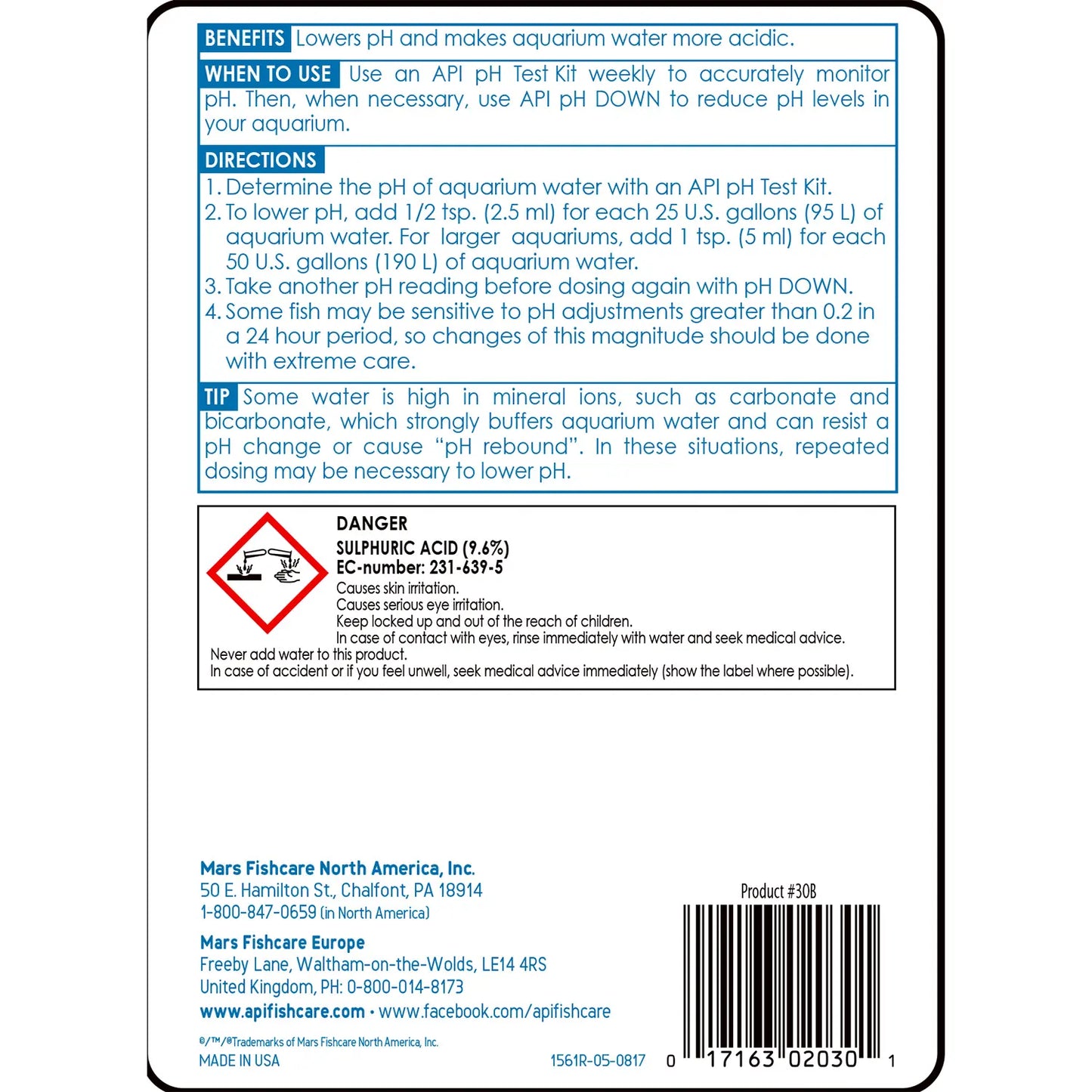 Back of API pH Down Freshwater Aquarium Water Treatment 16-oz