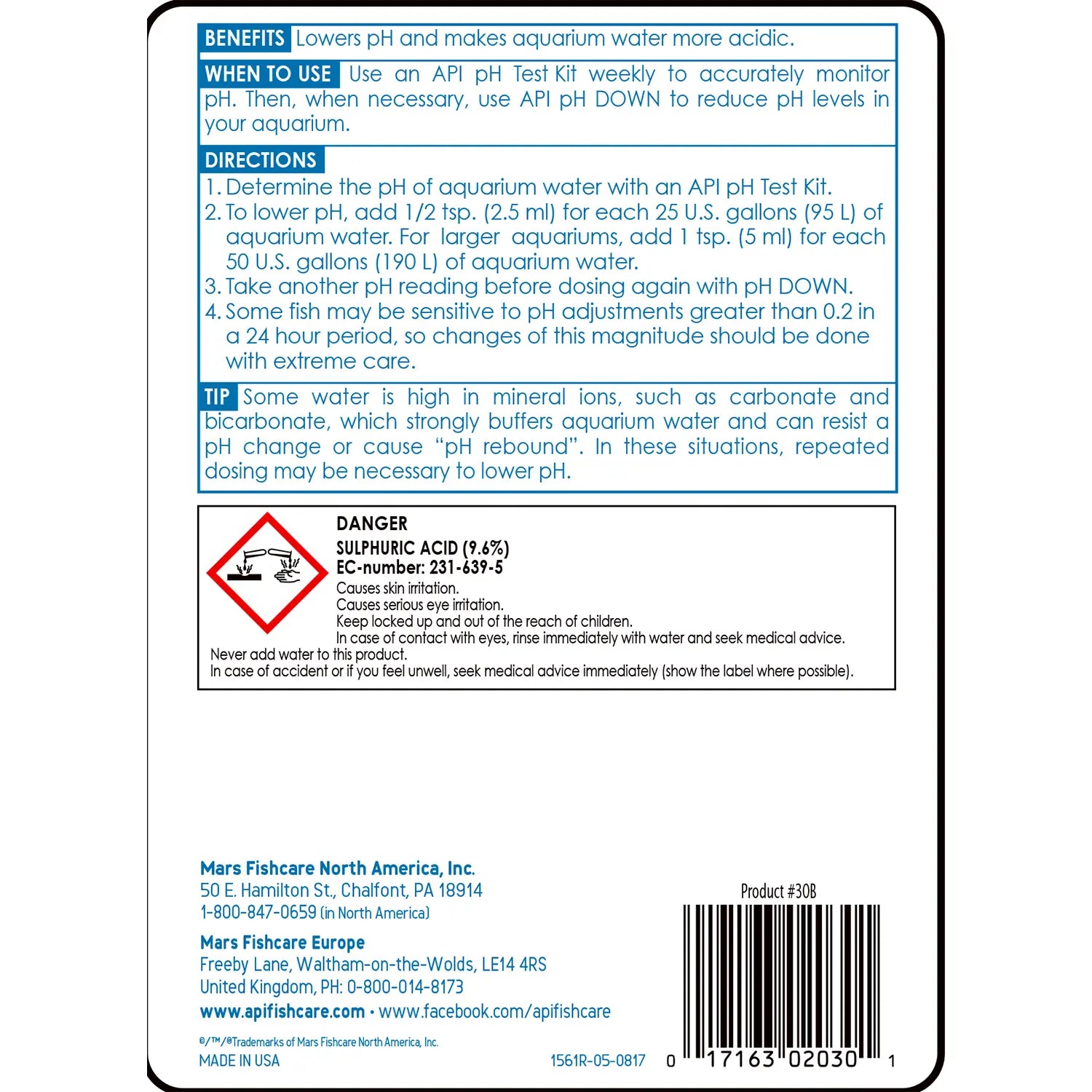 Back of API pH Down Freshwater Aquarium Water Treatment 16-oz