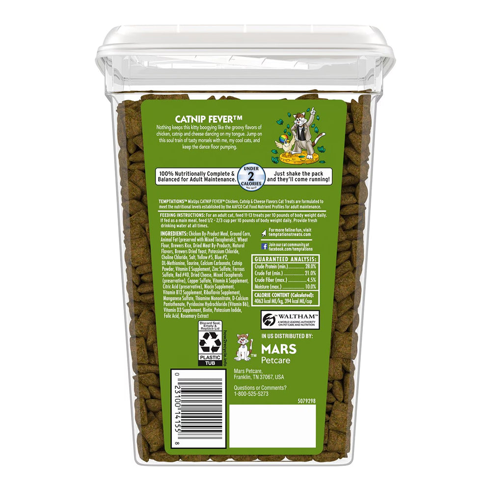 Back of Temptations MixUps Crunchy & Soft Adult Cat Treats Catnip Fever 30-oz