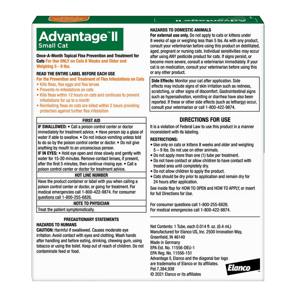 Back of Elanco Advantage II 1-Month Supply Topical Flea Treatment & Prevention for Small Cats 5-9 lbs
