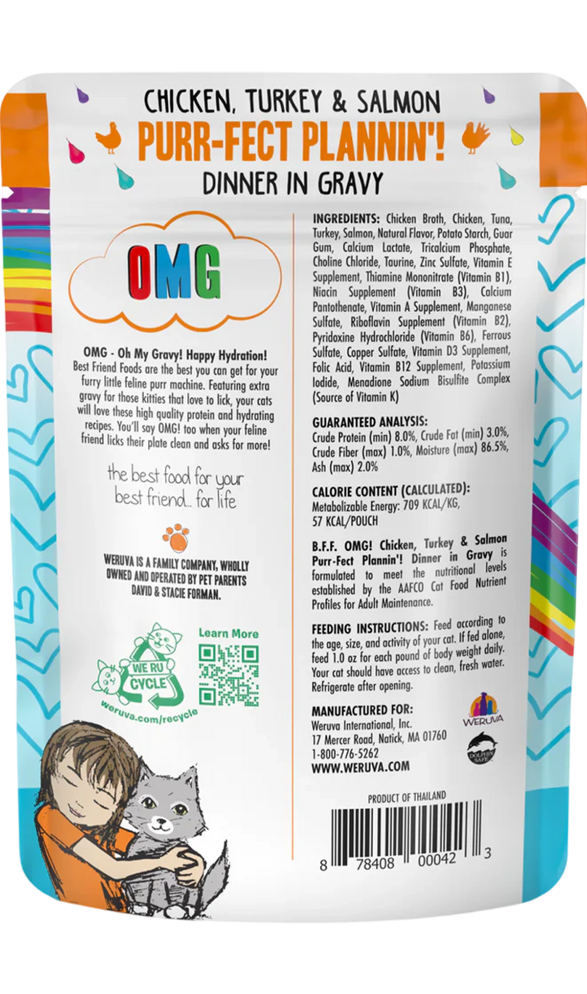 Back of Weruva B.F.F. OMG Chicken, Turkey & Salmon Purr-Fect Plannin'! Dinner in Gravy Wet Cat Food Pouches 2.8-oz