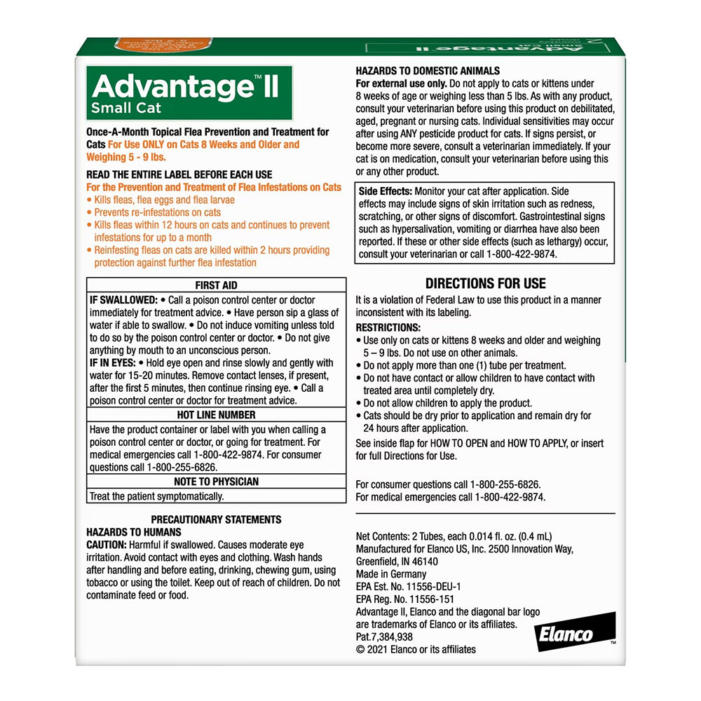 Back of Elanco Advantage II 2-Month Supply Topical Flea Treatment & Prevention for Small Cats 5-9 lbs