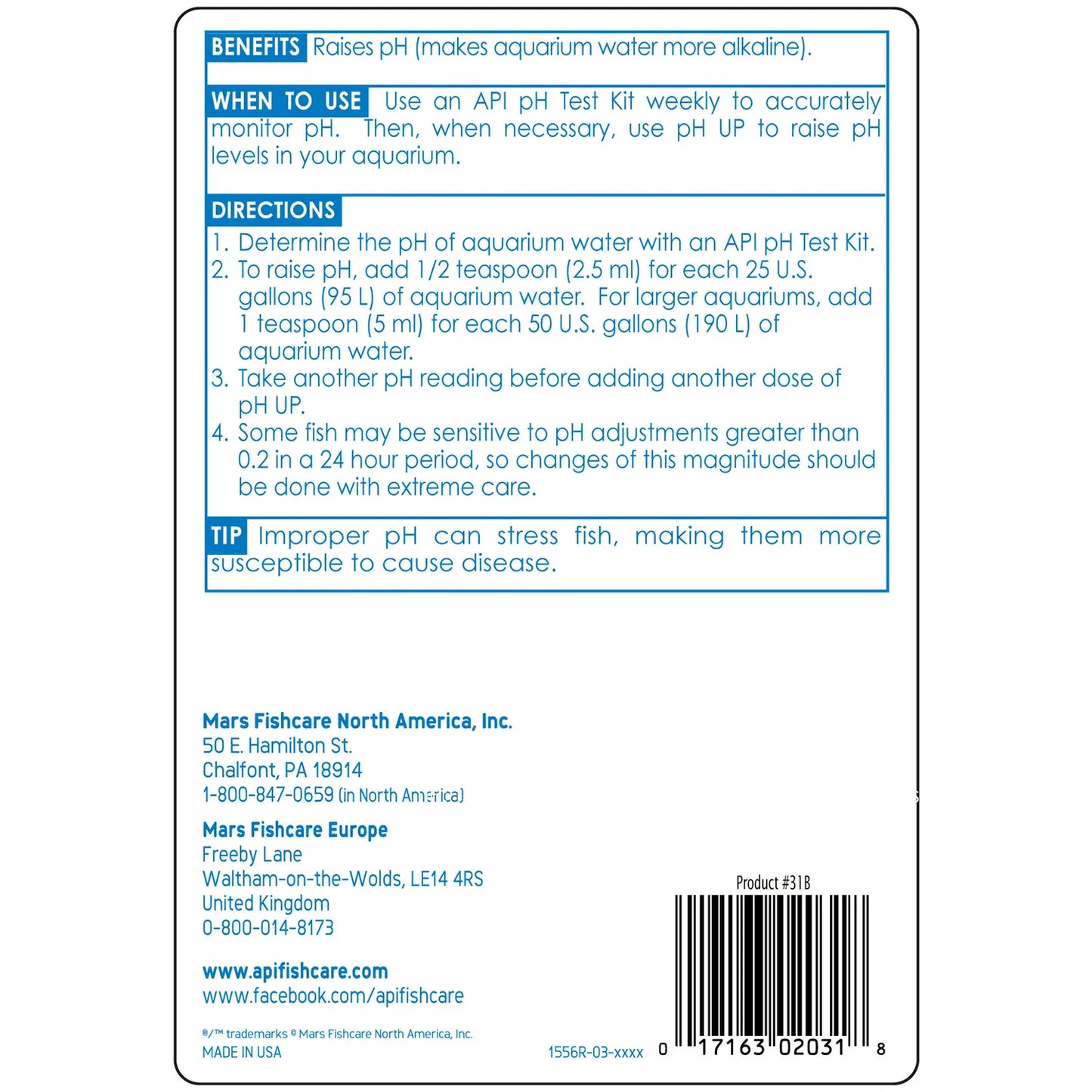 Back of API pH Up Freshwater Aquarium Water Treatment 16-oz