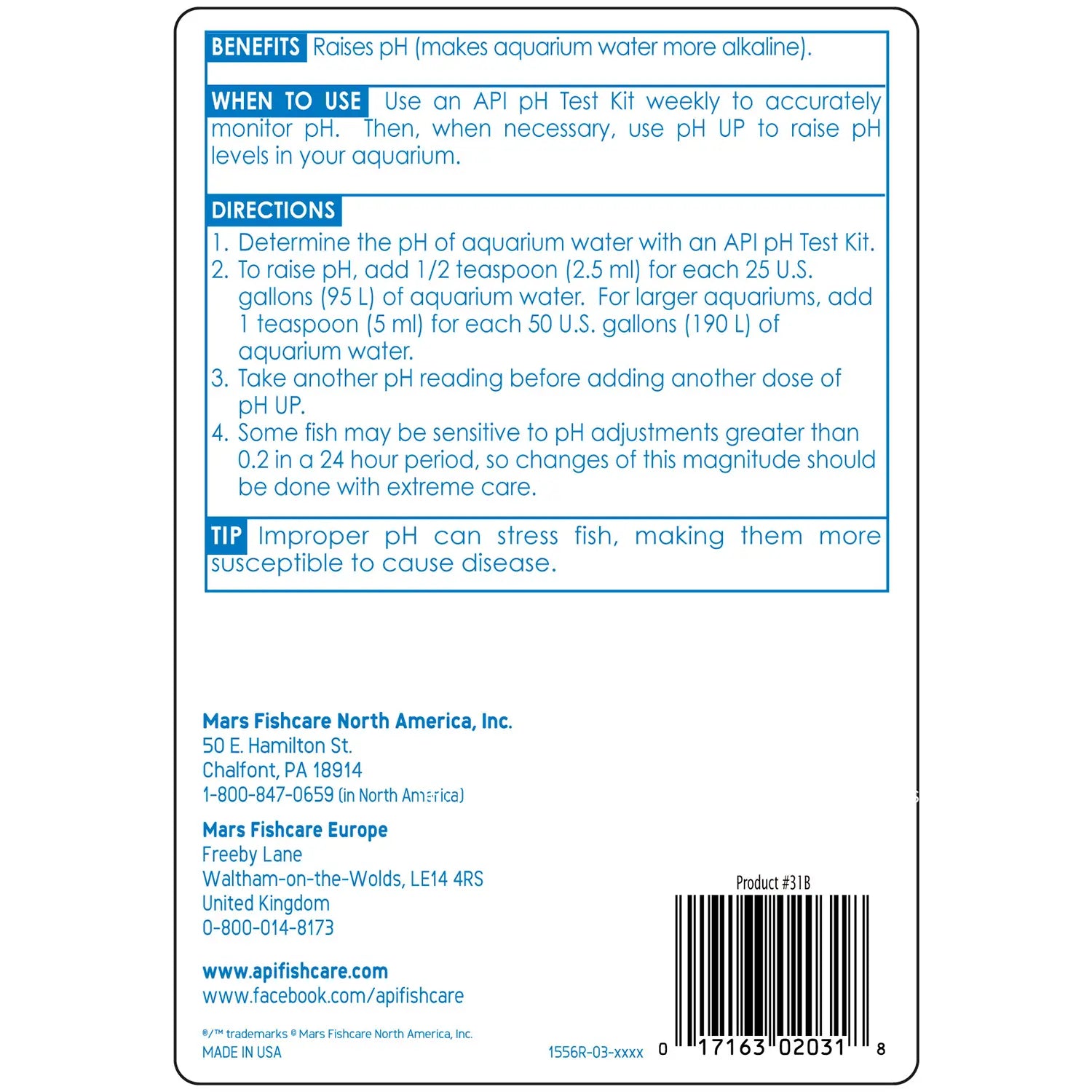 Back of API pH Up Freshwater Aquarium Water Treatment 16-oz