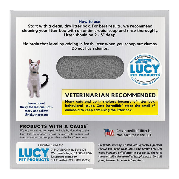 Back of Lucy Pet Products Cats Incredible Clumping Litter Unscented 18-lb