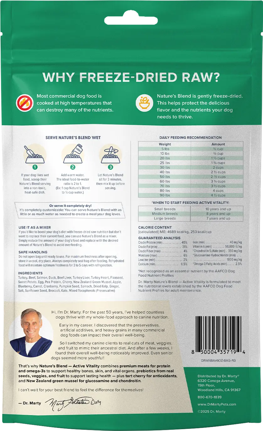 Back of Dr. Marty Nature's Blend Active Vitality Freeze-Dried Raw Senior Dog Food 6-oz