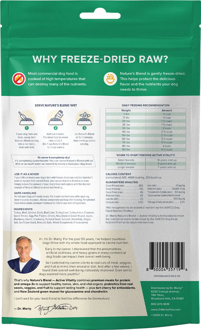 Back of Dr. Marty Nature's Blend Active Vitality Freeze-Dried Raw Senior Dog Food 6-oz