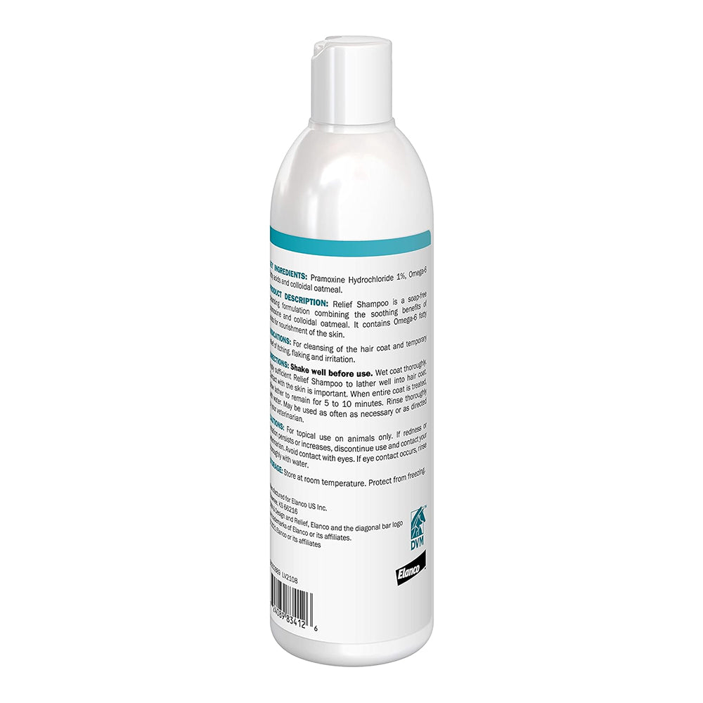 Back of Elanco Relief Shampoo with Pramoxine & Colloidal Oatmeal for Dogs & Cats 12-oz