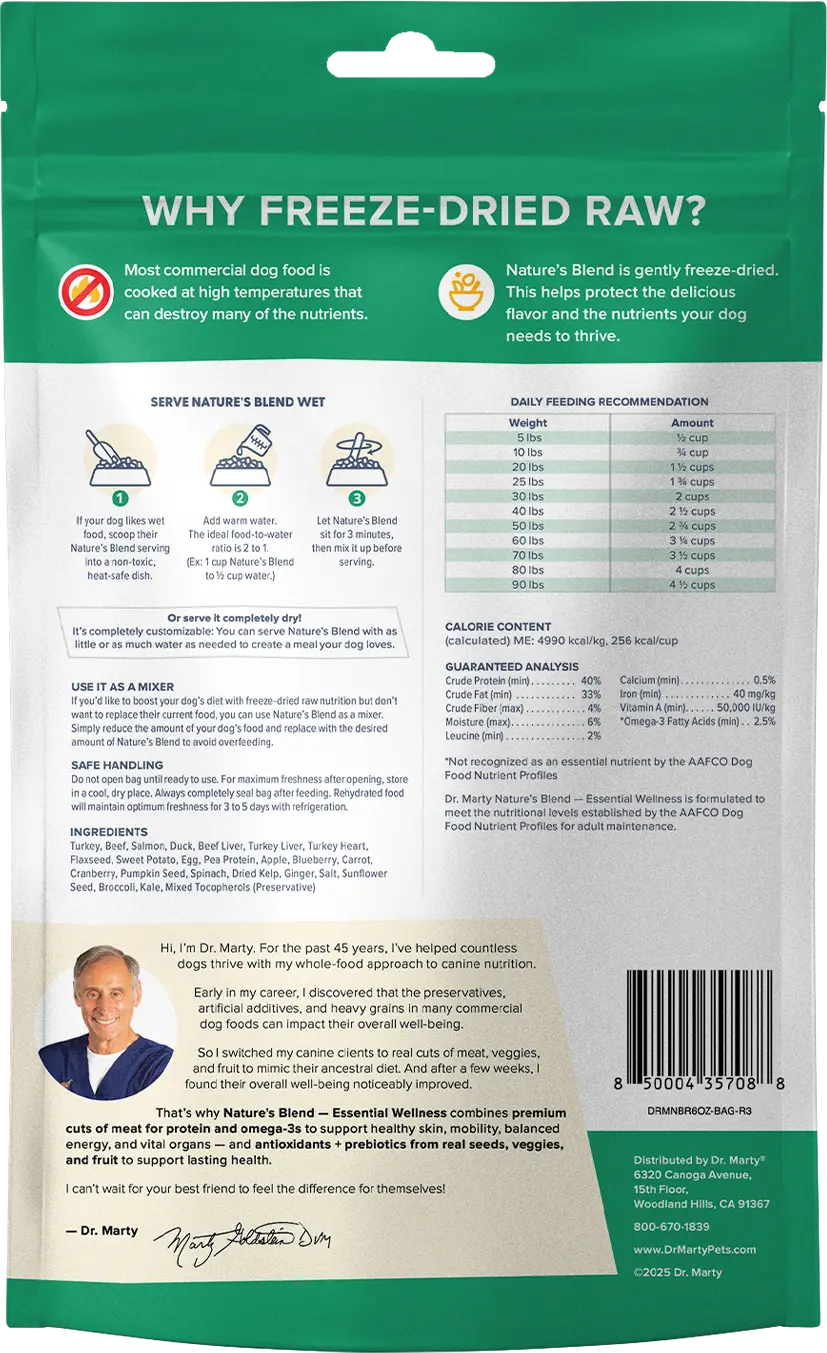 Back of Dr. Marty Nature's Blend Essential Wellness Freeze-Dried Raw Adult Dog Food 6-oz