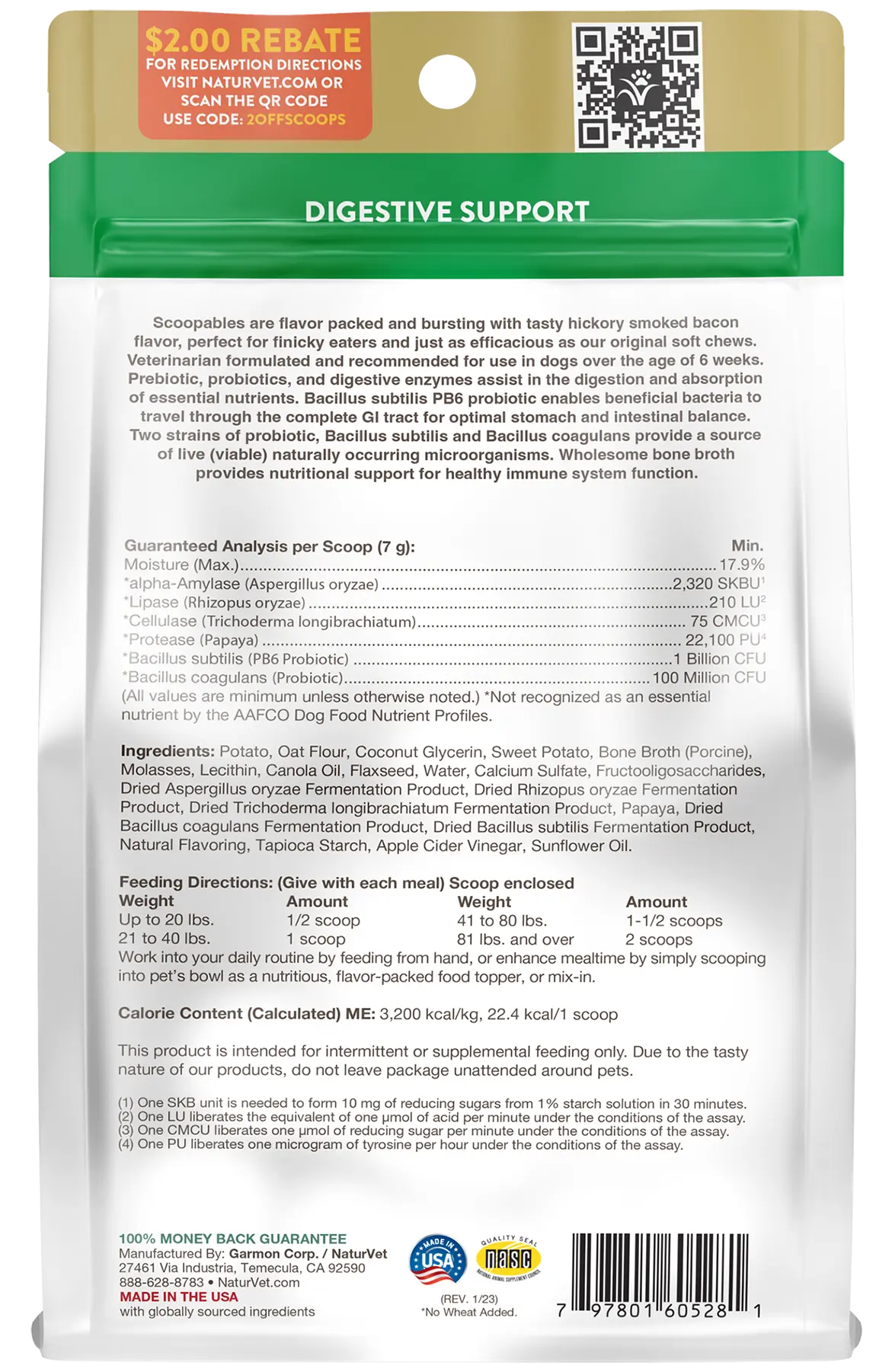 Back of NaturVet Scoopables Advanced Probiotics & Enzymes for Dogs 45 Count 11-oz