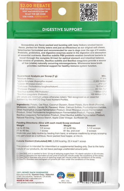 Back of NaturVet Scoopables Advanced Probiotics & Enzymes for Dogs 45 Count 11-oz