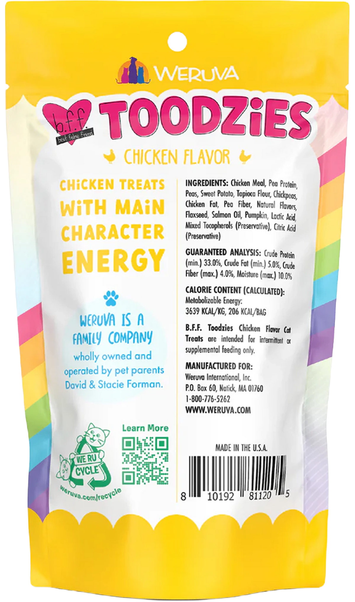 Back of Weruva B.F.F. Toodzies Crunchy Chicken Cat Treats 2-oz