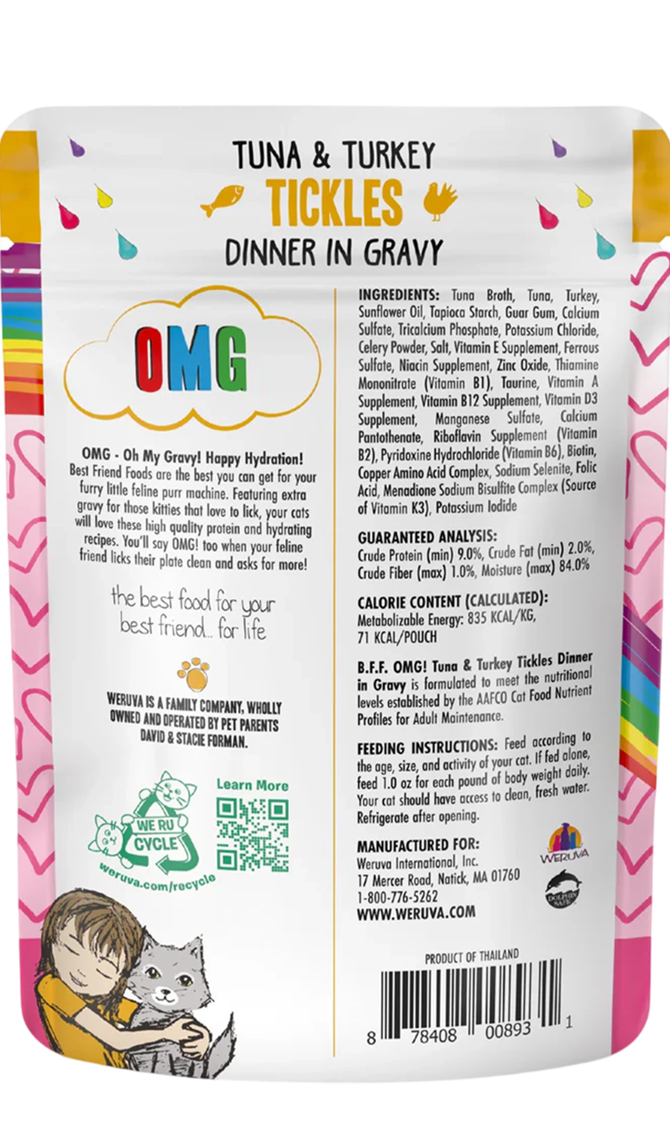 Back of Weruva B.F.F. OMG Tuna & Turkey Tickles Dinner in Gravy Wet Cat Food Pouches 3-oz