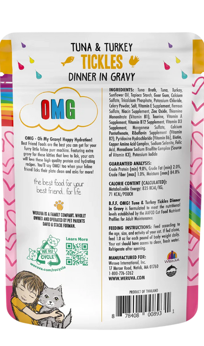 Back of Weruva B.F.F. OMG Tuna & Turkey Tickles Dinner in Gravy Wet Cat Food Pouches 3-oz