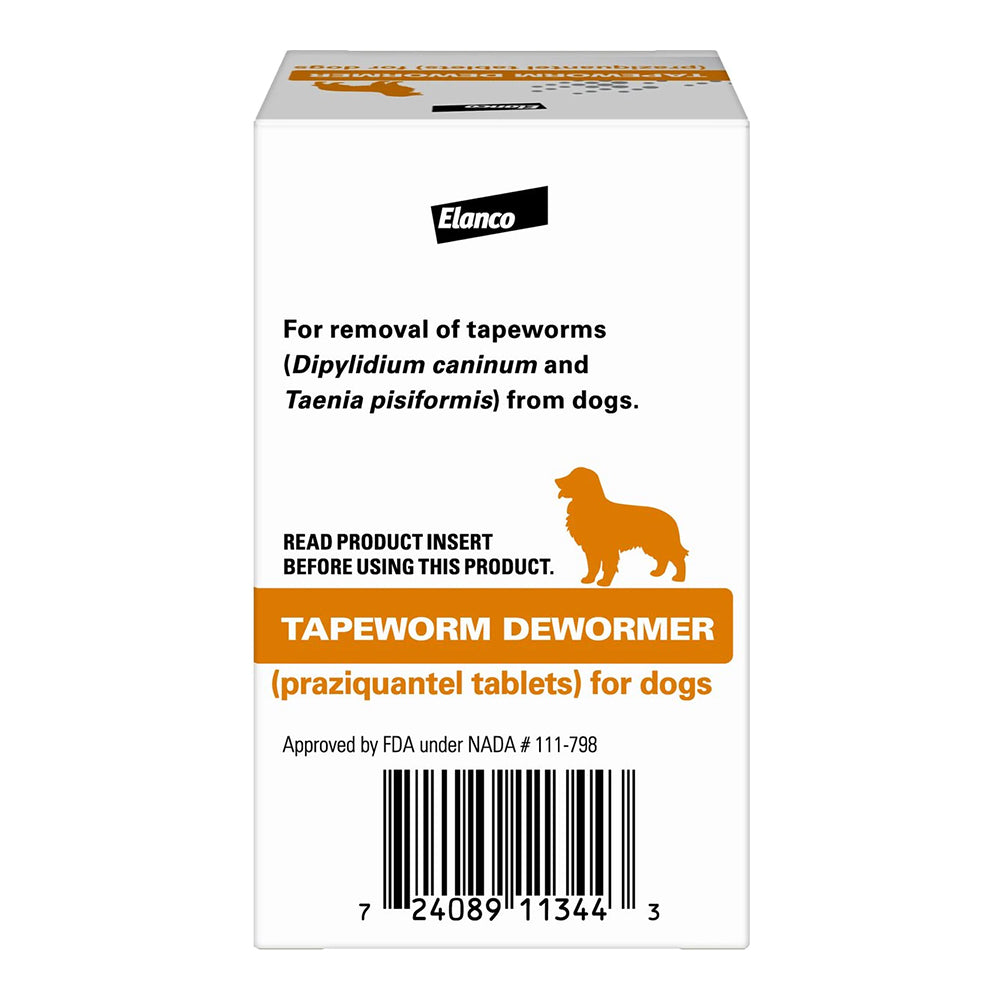 Back of Elanco Tapeworm Dewormer (praziquantel tablets) for Dogs & Puppies 5 Count