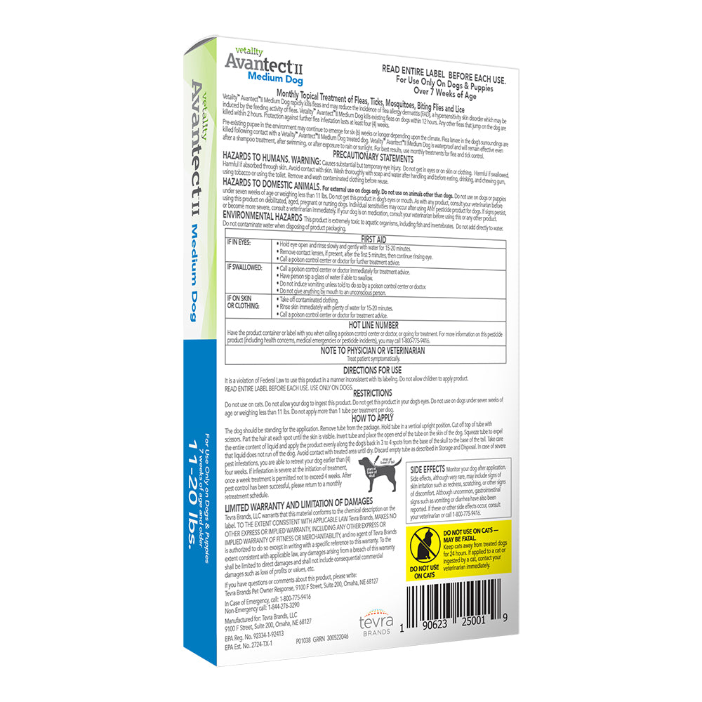 Back of Vetality Avantect II Flea & Tick for Medium Dogs 11-20 lbs 4 Count 0.164-oz