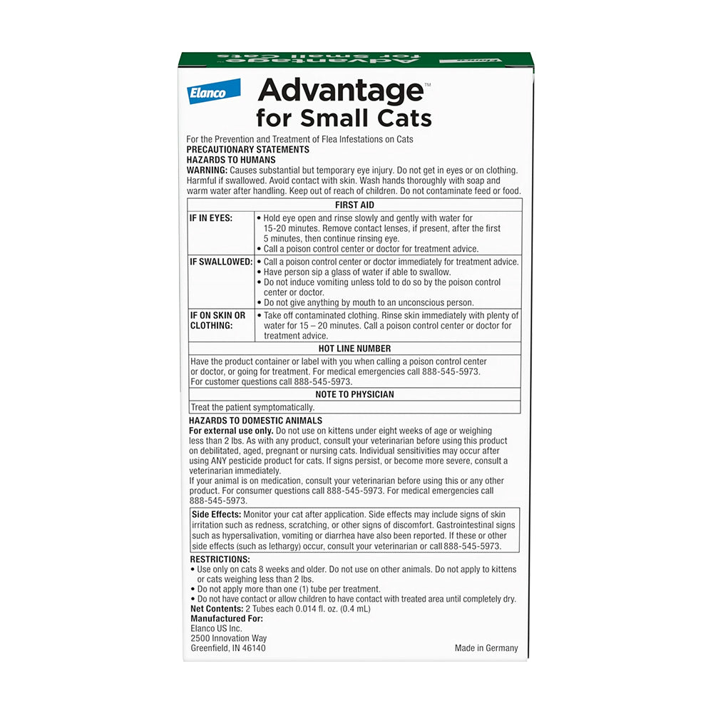 Back of Elanco Advantage 2-Month Supply Topical Flea Treatment for Small Cats 2-9 lbs