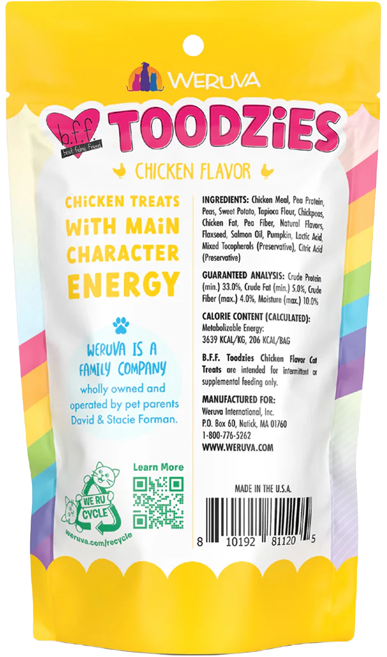 Back of Weruva B.F.F. Toodzies Crunchy Chicken Cat Treats 2-oz