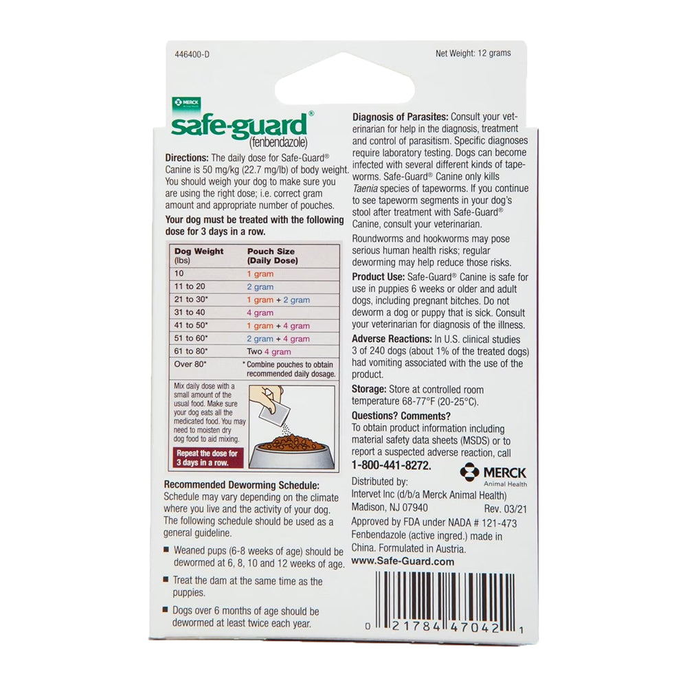 Back of Safe Guard Canine Dog Dewormer 4 Gram Pouches 3 Count