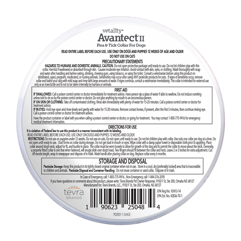 Back of Vetality Avantect II Flea & Tick Collar for Dogs 2-Count 26-in