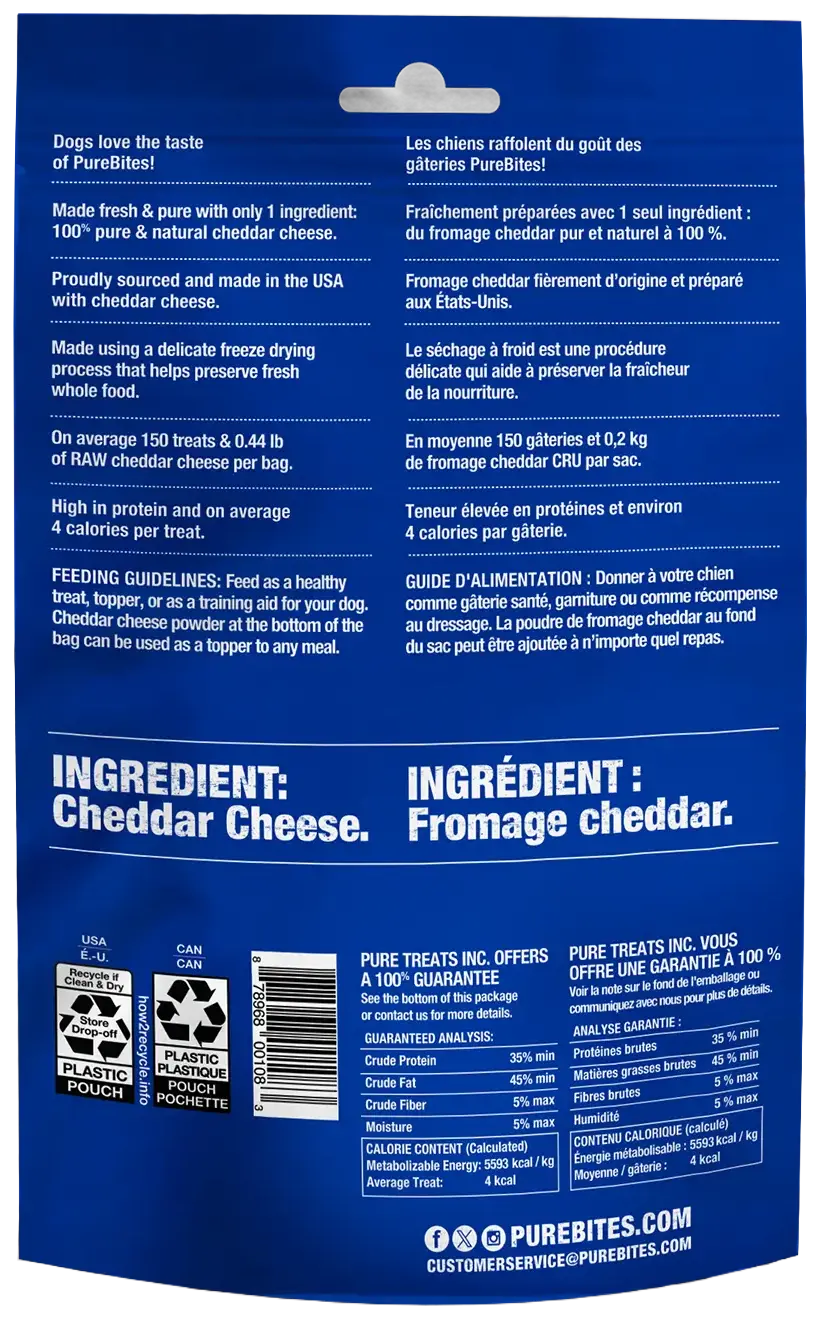 Back of PureBites Cheddar Cheese Freeze-Dried Dog Treats 4.2-oz