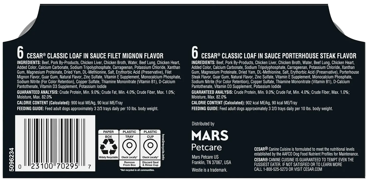 Back of Cesar Classic Loaf in Sauce Adult Wet Dog Food Variety Pack Filet Mignon & Porterhouse Steak 12 Count 42.3-oz