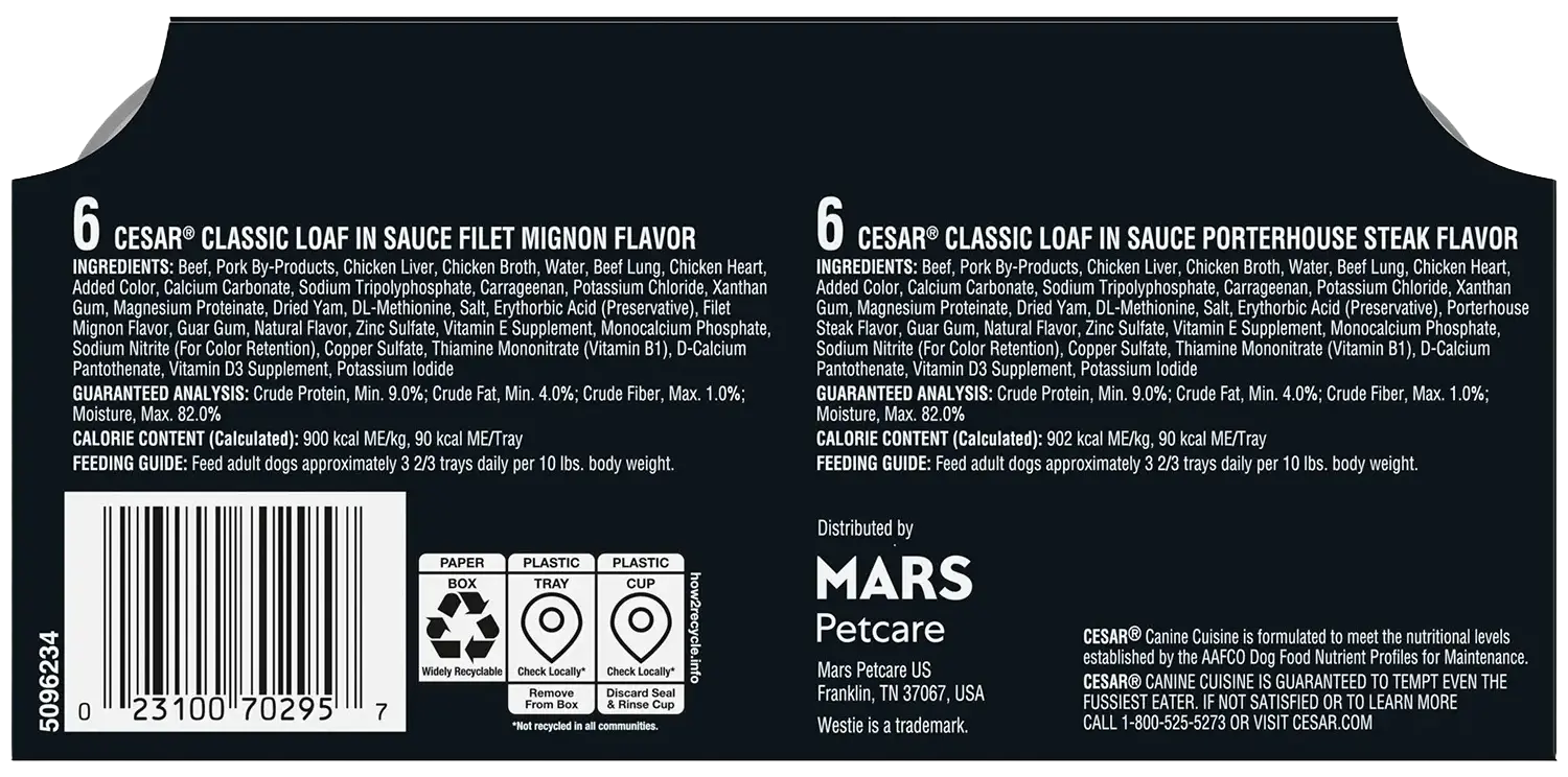 Back of Cesar Classic Loaf in Sauce Adult Wet Dog Food Variety Pack Filet Mignon & Porterhouse Steak 12 Count 42.3-oz