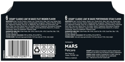 Back of Cesar Classic Loaf in Sauce Adult Wet Dog Food Variety Pack Filet Mignon & Porterhouse Steak 12 Count 42.3-oz
