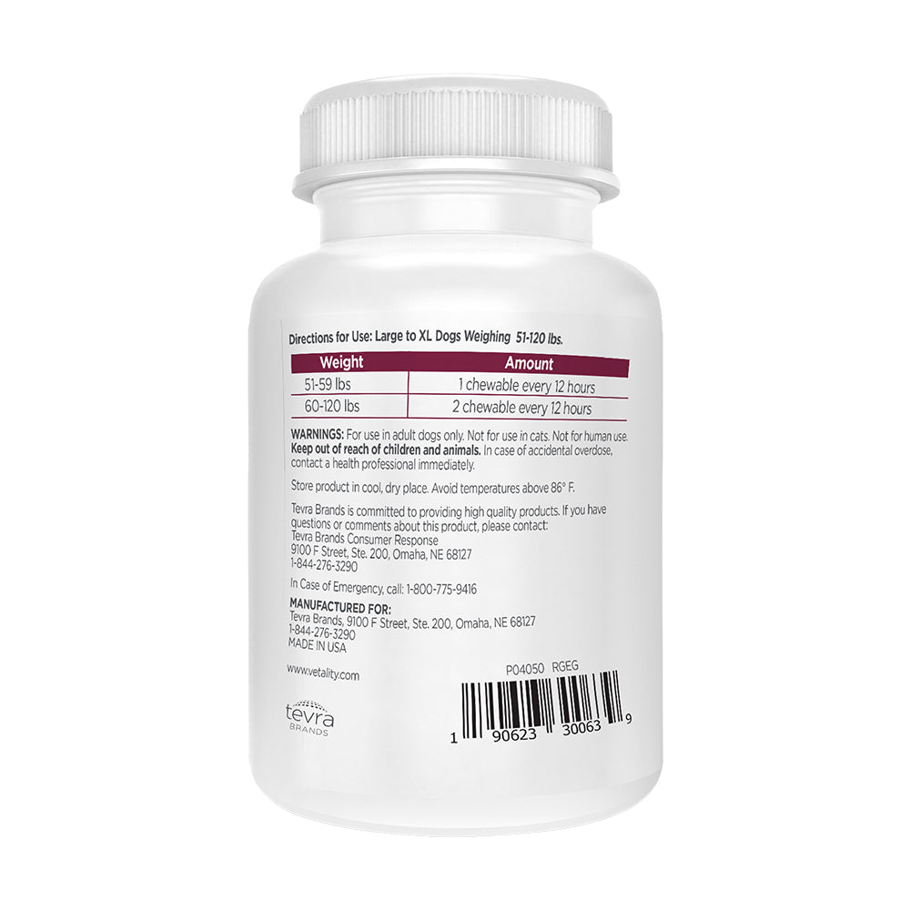 Back of Vetality Canine Aspirin Chewable Tablets 300mg for Large to XL Dogs 120 Count