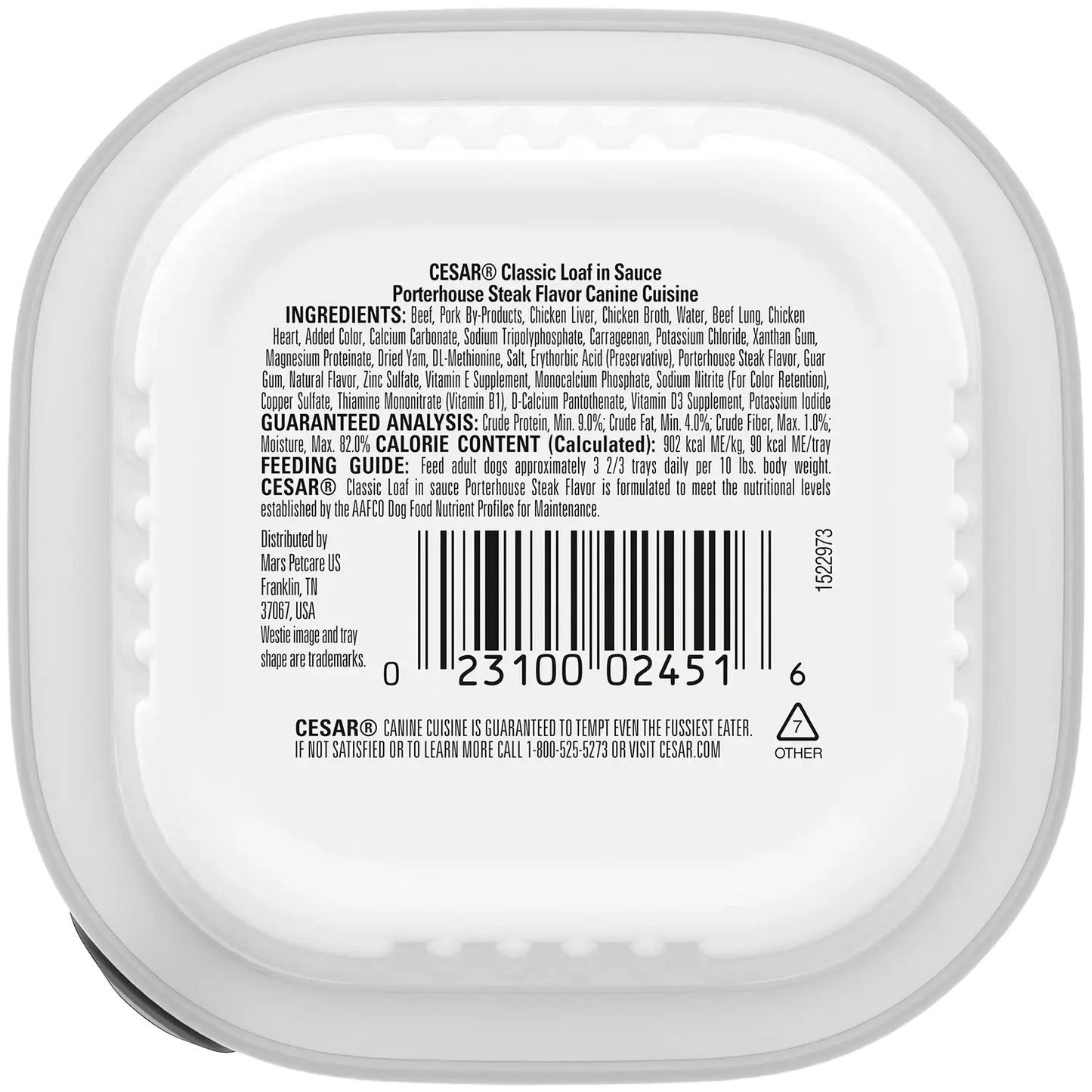 Back of Cesar Classic Loaf in Sauce Adult Wet Dog Food Porterhouse Steak 3.5-oz