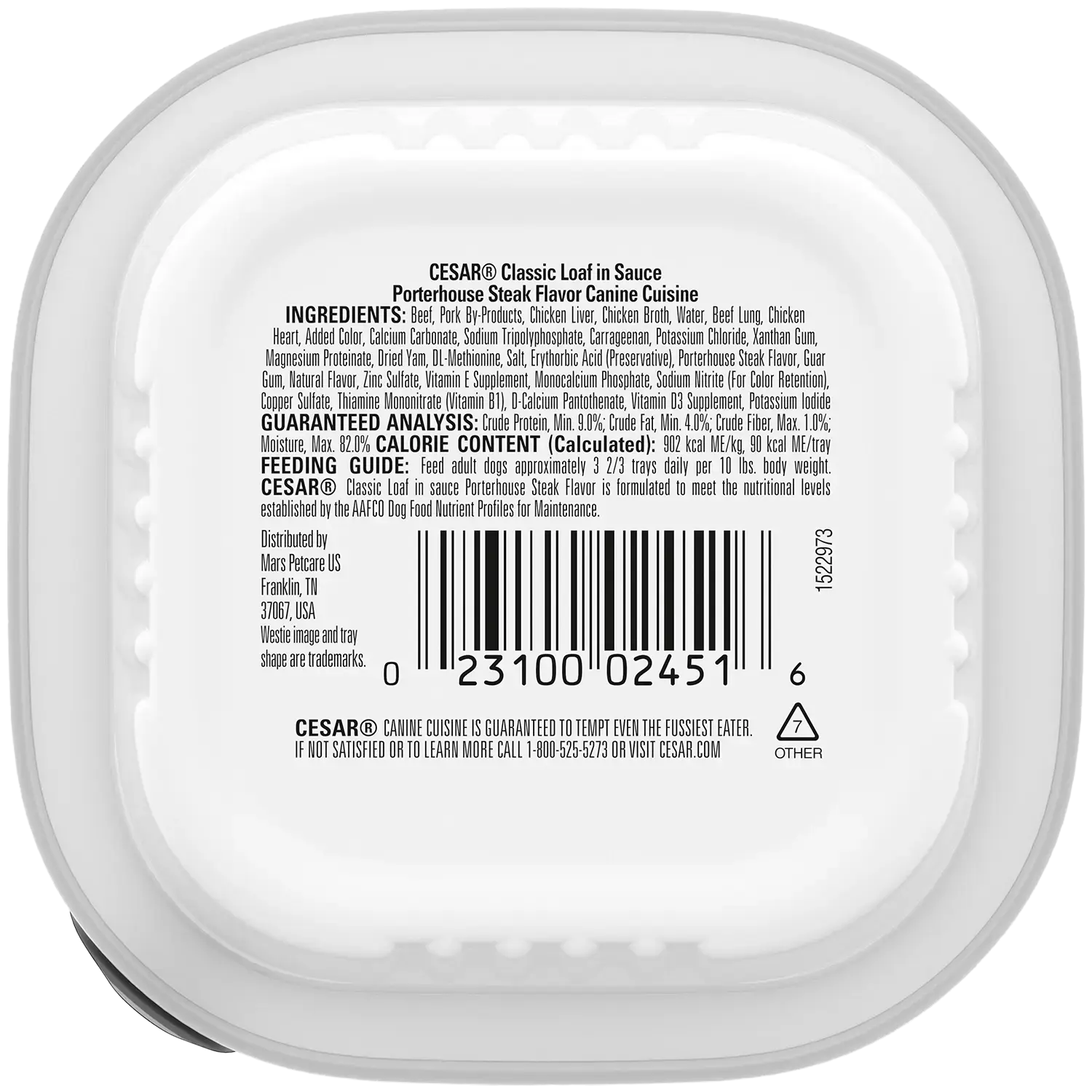 Back of Cesar Classic Loaf in Sauce Adult Wet Dog Food Porterhouse Steak 3.5-oz