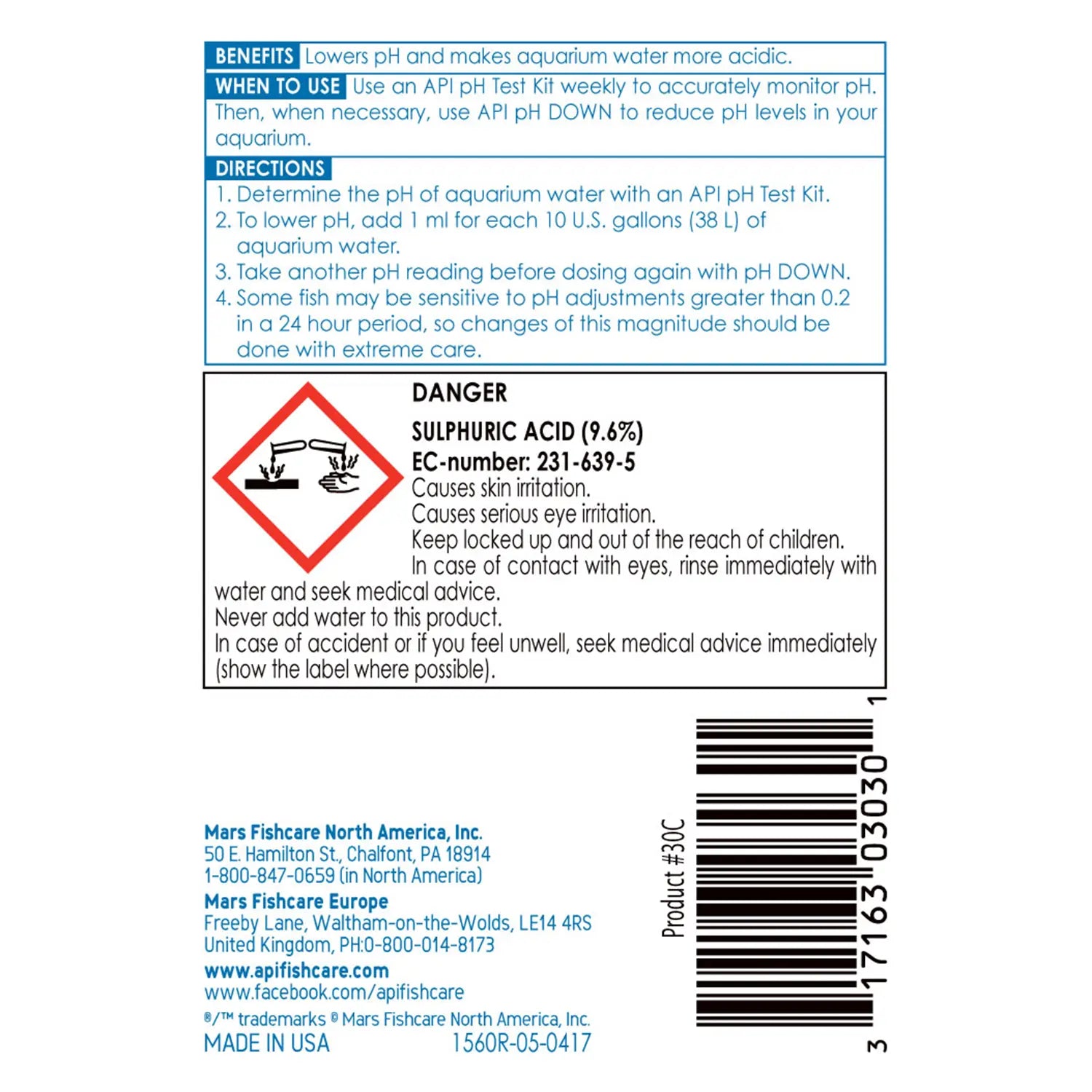 Back of API pH Down Freshwater Aquarium Water Treatment 4-oz