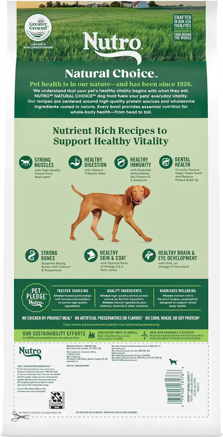 Back of Nutro Natural Choice Lamb & Brown Rice Puppy Dry Food 4.5-lb