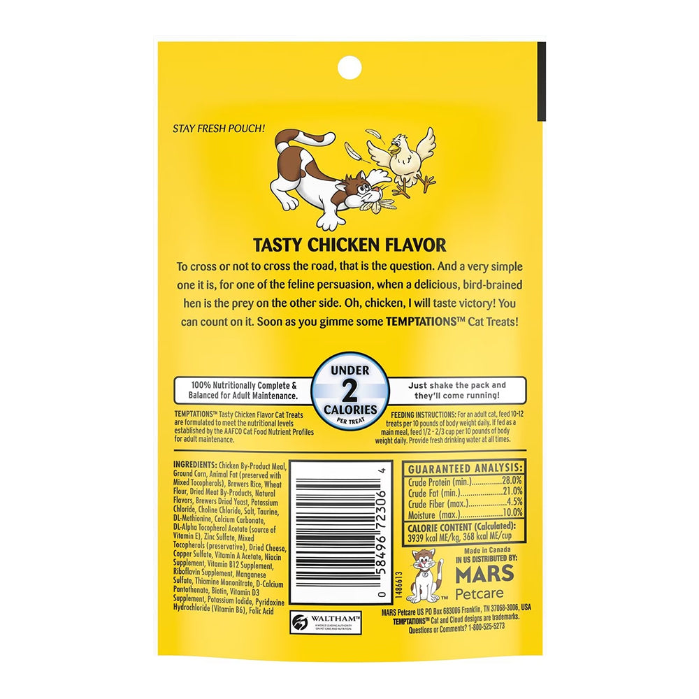 Back of Temptations Classics Crunchy & Soft Adult Cat Treats Tasty Chicken 3-oz