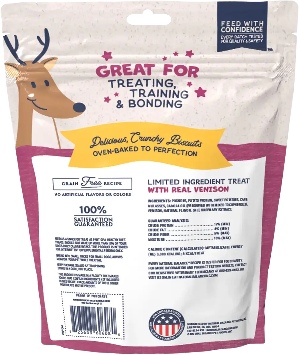 Back of Natural Balance Pet Foods Rewards Bite-Size Crunchy Biscuits Small Breed Dog Treats Venison 8-oz