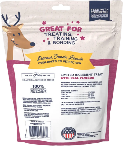 Back of Natural Balance Pet Foods Rewards Bite-Size Crunchy Biscuits Small Breed Dog Treats Venison 8-oz