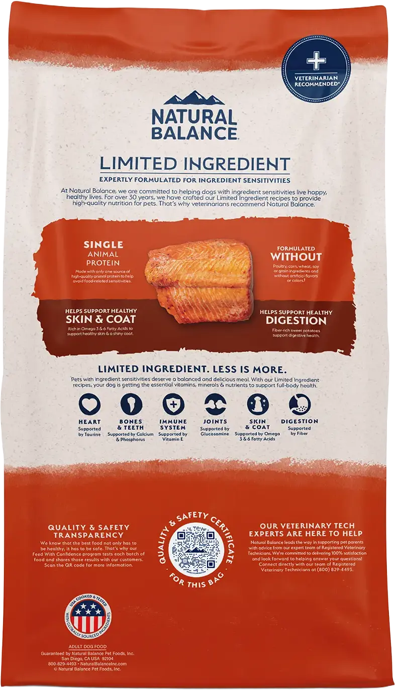 Back of Natural Balance Pet Foods Limited Ingredient Adult Dry Dog Food Salmon & Sweet Potato 12-lb