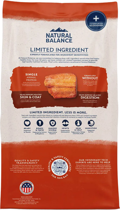 Back of Natural Balance Pet Foods Limited Ingredient Adult Dry Dog Food Salmon & Sweet Potato 12-lb