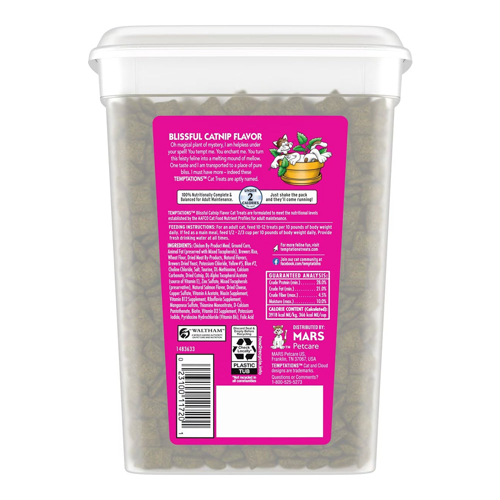 Back of Temptations Classics Crunchy & Soft Adult Cat Treats Blissful Catnip 16-oz