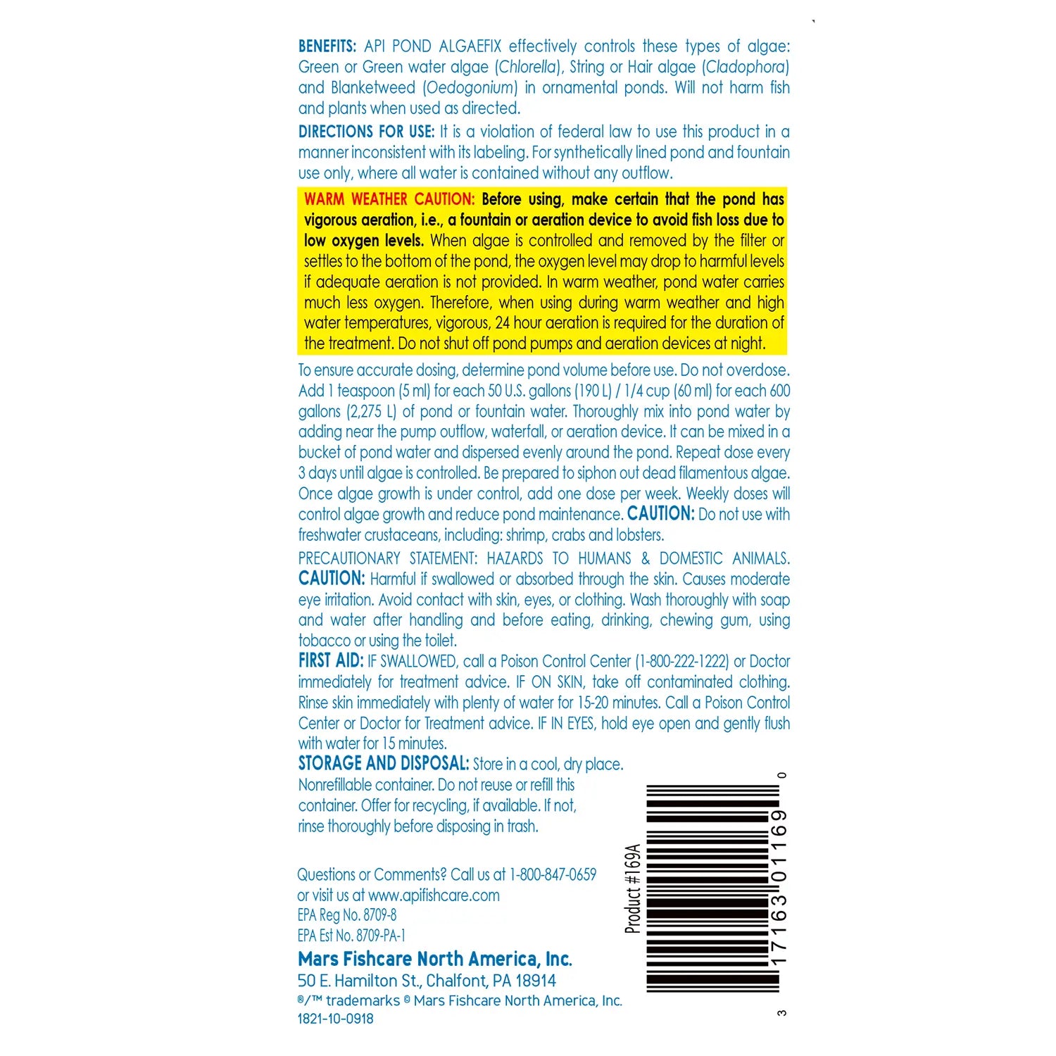 Back of API Pond AlgaeFix Algae Control Solution 8-oz