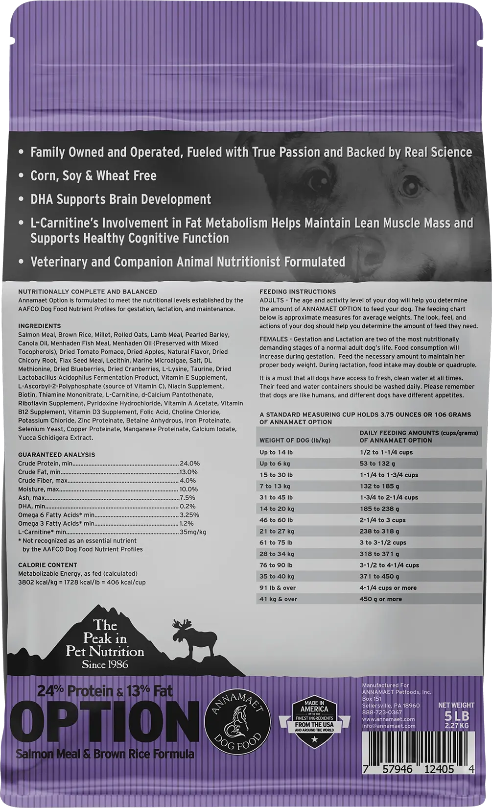 Back of Annamaet Original Option Dry Dog Food Salmon Meal & Brown Rice Formula 5-lb