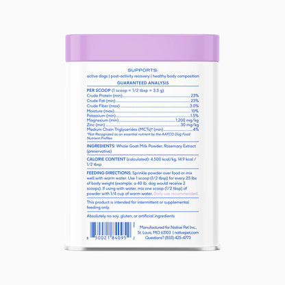 Native Pet Goat Milk Powder Recovery & Energy Support for Active Dogs 7-oz, Kwik Pets