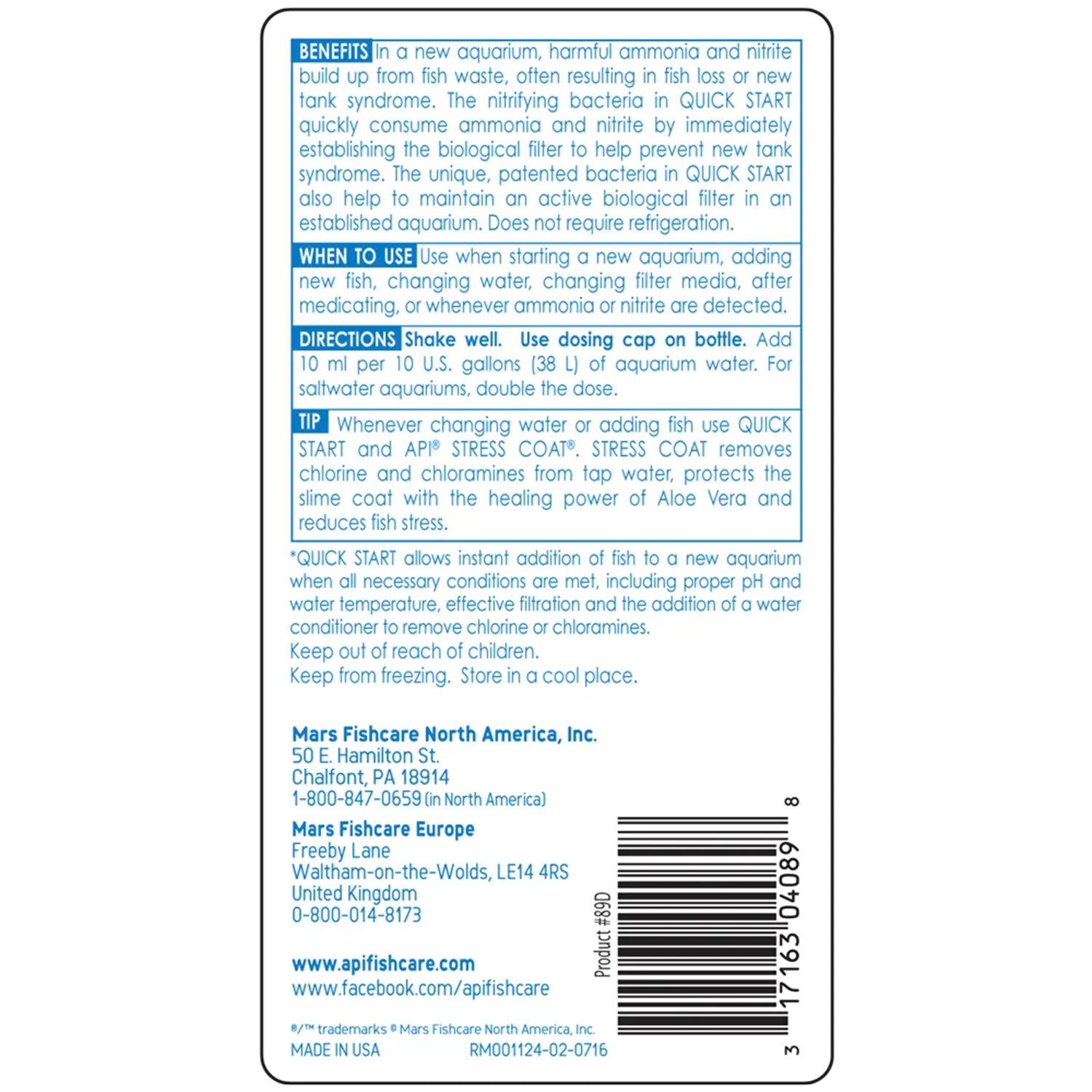 Back of API Quick Start Aquarium Water Conditioner 8-oz