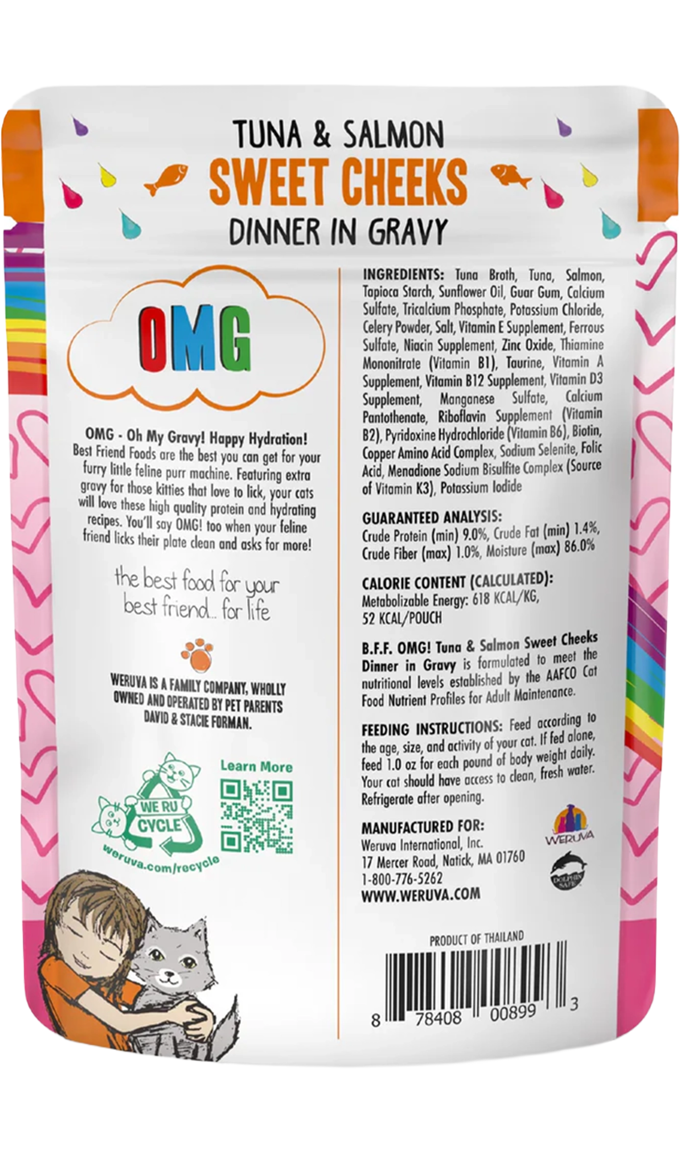 Back of Weruva B.F.F. OMG Tuna & Salmon Sweet Cheeks Dinner in Gravy Wet Cat Food Pouches 3-oz