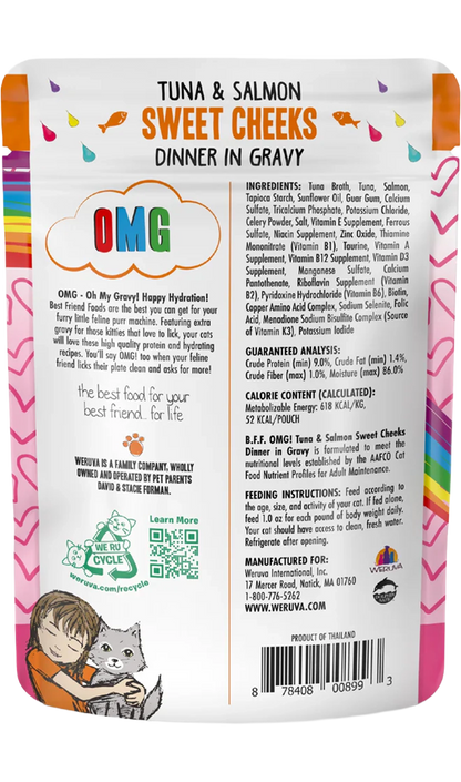 Back of Weruva B.F.F. OMG Tuna & Salmon Sweet Cheeks Dinner in Gravy Wet Cat Food Pouches 3-oz