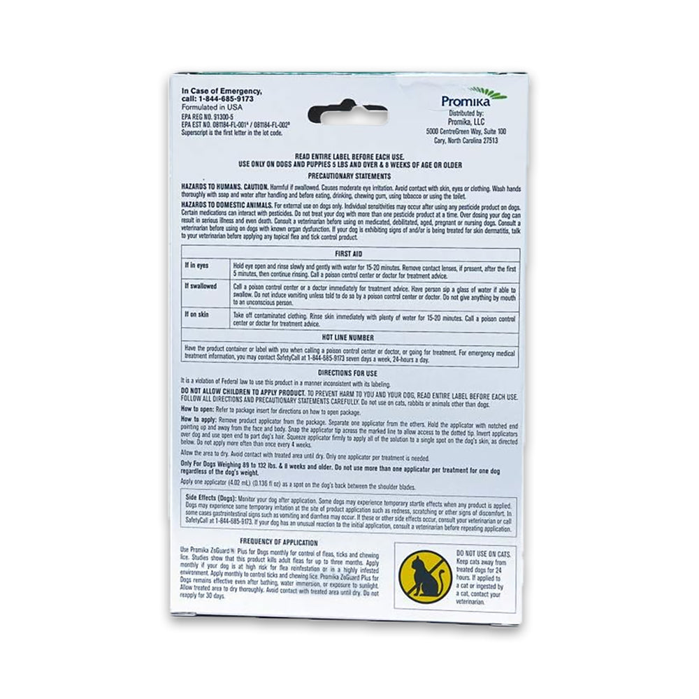 Back of Promika ZoGuard Plus 3-Month Supply Flea & Tick Prevention for Dogs 89-132 lbs 3 Count
