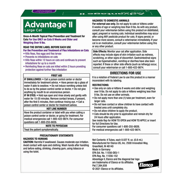 Back of Elanco Advantage II 4-Month Supply Topical Flea Treatment & Prevention for Large Cats Over 9 lbs