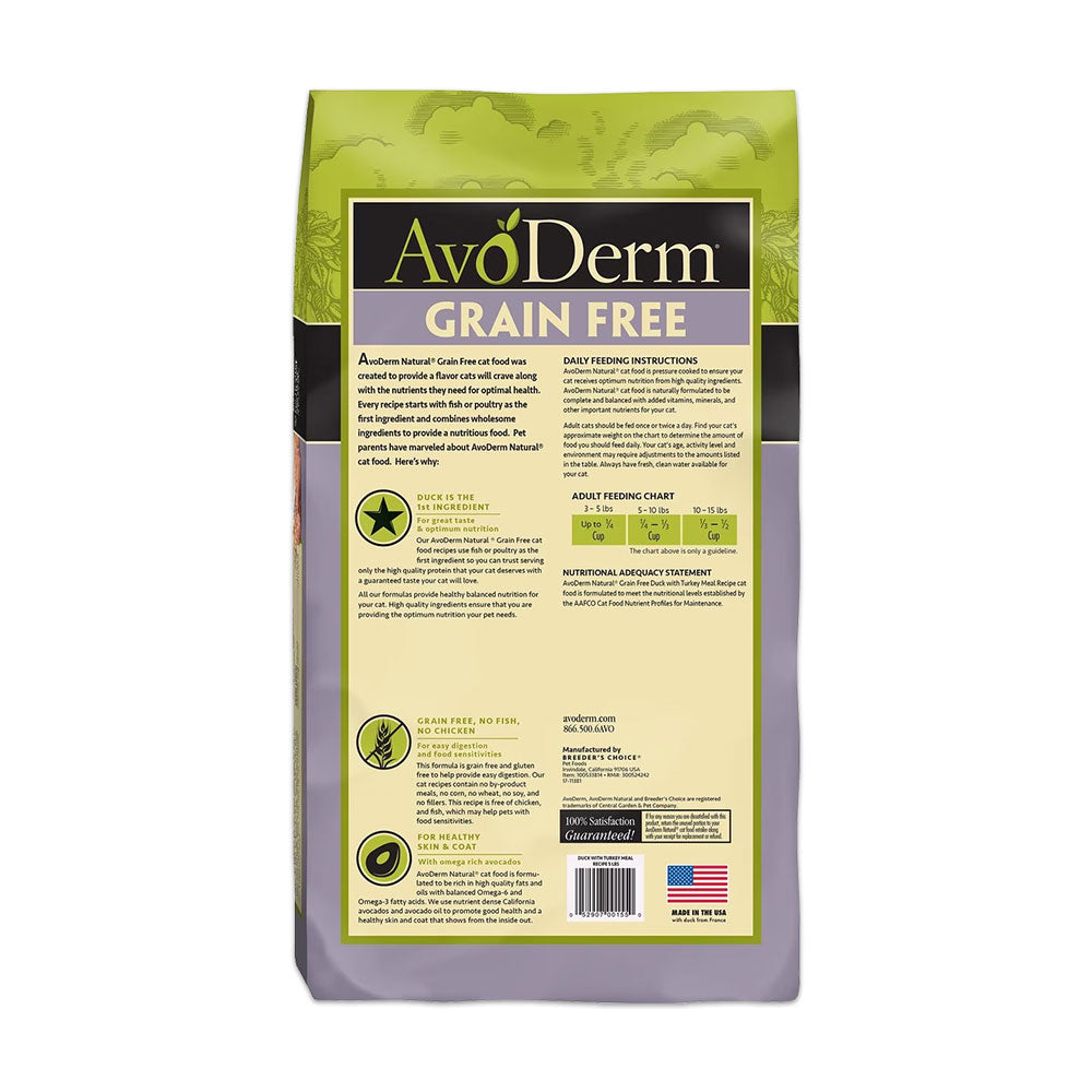 Back of AvoDerm Natural Grain Free Duck with Turkey Meal Dry Cat Food 5-lb