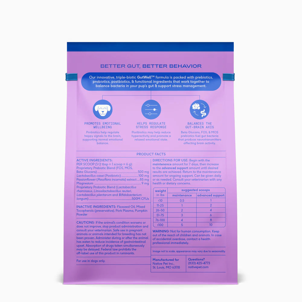 Native Pet GutWell Stress Support Anxiety Relief & Calming Supplement for Dogs 12.7-oz, Kwik Pets